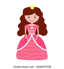Cute cartoon princess in beautiful pink dress and crown. Girls print. Illustration for greeting cards, clothes, poster, children books, baby shower, kids design and decor. Nursery wallpaper