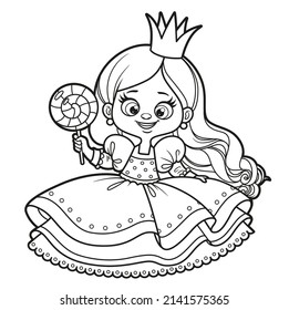 Cute cartoon princess with a big candy drawing for coloring on a white background