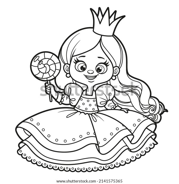 Cute cartoon princess with a big candy drawing\
for coloring on a white\
background