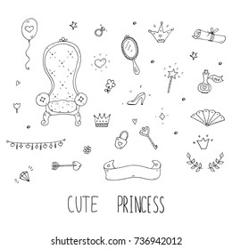 Cute cartoon princess collection . Doodle fairytale set for kids. Hand drawn vector illustration isolated on white