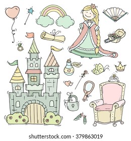 Cute cartoon princess collection with throne, castle, jewelry, crown. Doodle fairytale set for kids. Hand drawn vector illustration isolated on white. All objects are grouped separately.