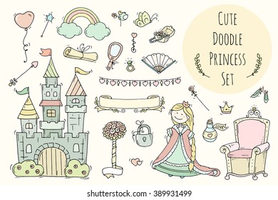 Cuta colección de princesas de caricatura con trono, castillo, joyas, corona. Depósito de cuentos de hadas para niños. Ilustración vectorial dibujada a mano aislada en blanco. Todos los objetos se agrupan por separado.