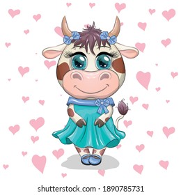Cute Cartoon Princess Cow on a heart background.