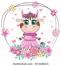 Cute Cartoon Princess Cow on a flower background with hearts.