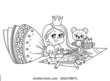 Cute cartoon princess draws with colored pencils lying on the floor outlined  for coloring book