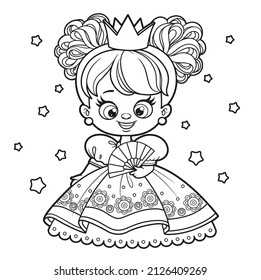 Cute cartoon princess with a fan in hand outline drawing for coloring on a white background