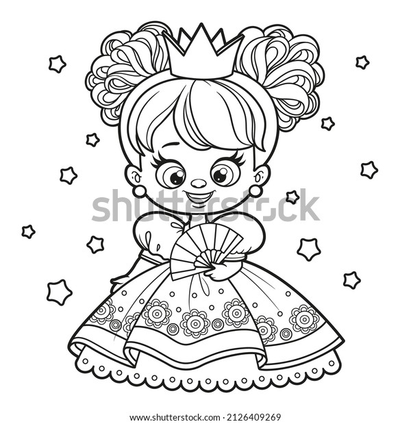 Cute cartoon princess with a fan in\
hand outline drawing for coloring on a white\
background