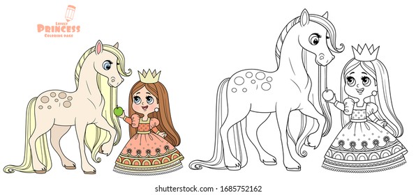 Cute cartoon princess feed a horse an apple outlined and color for coloring book