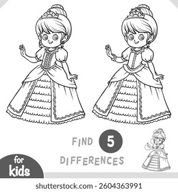 Cute cartoon princess. Find differences, education black and white game for children