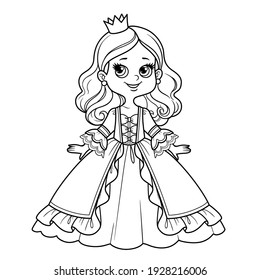 Cute Cartoon Princess Girl In Ball Gown With Lush Skirt And Bows Outline For Coloring On A White Background