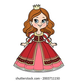 Cute cartoon princess girl in ball gown with lush skirt and little crown color variation for coloring page on a white background