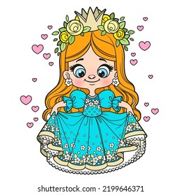 Cute cartoon princess girl in a dress with bouffant skirt color variation for coloring page on white background