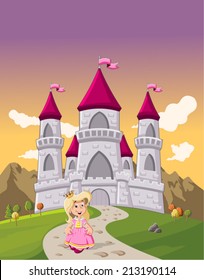 Cute cartoon princess girl in front of a fairy tale castle 