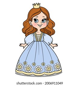 Cute cartoon princess girl in lush ball gown and little crown color variation for coloring page on a white background