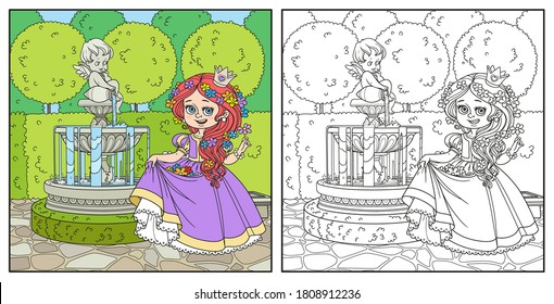 Cute cartoon princess girl in palace Park with Cupid fountain color and outlined for coloring