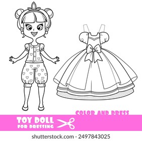 Linda princesa de dibujos animados en ropa interior con corazones y vestido de bola para colorear y cortar sobre un fondo blanco. Imagen producida sin el uso de ninguna forma de software de IA en ninguna etapa.