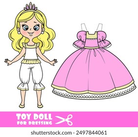 Linda princesa de dibujos animados en ropa interior y exuberante vestido de bola para cortar sobre un fondo blanco. Imagen producida sin el uso de ninguna forma de software de IA en ninguna etapa.