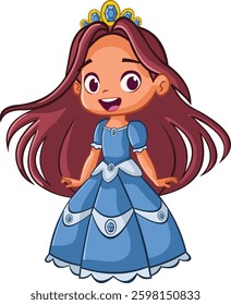 Cute cartoon princess girl wearing blue dress