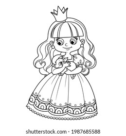 Cute cartoon princess hold baby piglet in hands outlined and color for coloring book