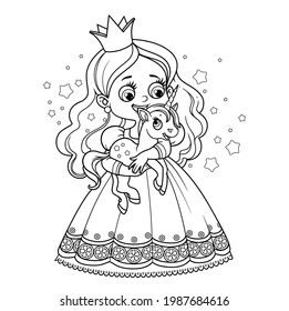 Cute cartoon princess hold fairytale baby unicorn in hands outlined and color for coloring book