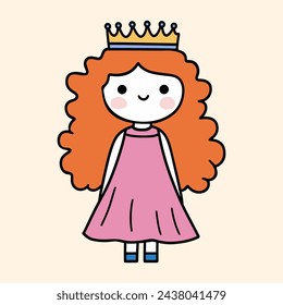 Cute cartoon princess with long ginger hair. Simple vector illustration of pretty girl with orange hair, wearing pink dress and gold crown