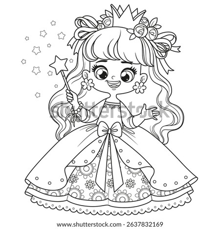 Cute cartoon princess in a lush dress with a magic wand outlined for coloring page on a white background