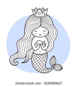 Cute cartoon princess mermaid with fish. Vector illustration for print, card, poster, t-shirt, coloring books.