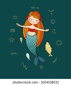 Cute cartoon princess mermaid and mysterious signs. Siren. Sea theme. vector illustration 