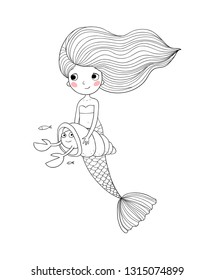 Cute cartoon princess mermaid and a shell with a crab. Siren. Marine theme.