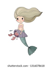 Cute cartoon princess mermaid and a shell with a crab. Siren. Marine theme.