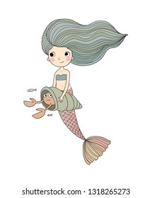 Cute cartoon princess mermaid and a shell with a crab. Siren. Marine theme.