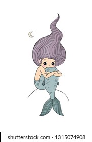 Cute cartoon princess mermaid. Siren. Marine theme.