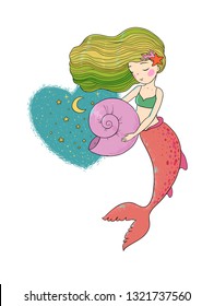 Cute cartoon princess mermaid. Siren. Sea theme.