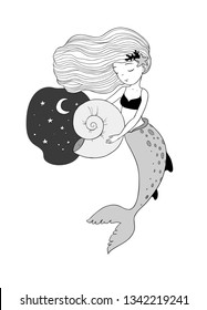 Cute cartoon princess mermaid. Siren. Sea theme. - Vector 