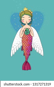 Cute cartoon princess mermaid with wings. Siren. Marine theme.