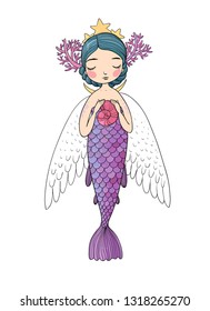 Cute cartoon princess mermaid with wings. Siren. Marine theme.