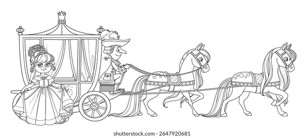 Bonito princesa de desenhos animados perto da carruagem puxada por cavalos com o coachman esboçado para livro de colorir 