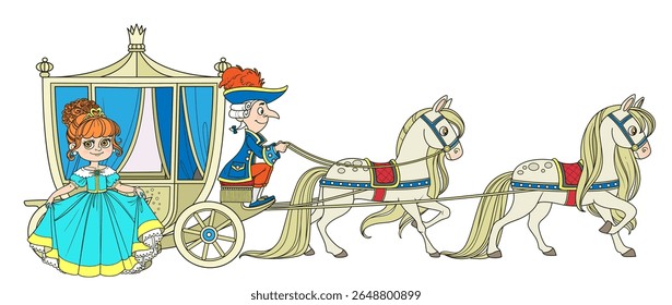 Linda princesa de desenhos animados perto da carruagem puxada por cavalos com o coachman isolado em um fundo branco