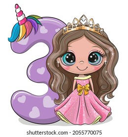 Cute Cartoon Princess and number three isolated on a white background