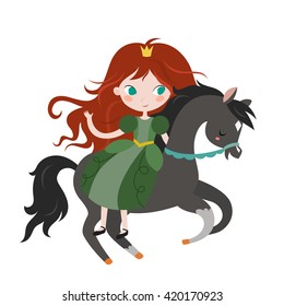 Cute Cartoon Princess On Black Horse.