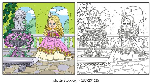 Cute cartoon princess in palace park near garden marble vase with a statue of Cupid color and outlined for coloring page