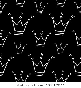 Cute cartoon princess print with hand drawn crowns. Sweet vector black and white princess print. Seamless monochrome doodle princess print for textile, wallpapers, wrapping paper, cards and web.