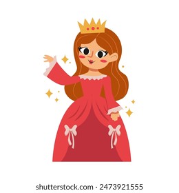 Cute Cartoon Princess in a Red Ball Dress and Golden Crown. Hand Drawn Vector llustration.