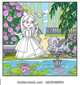 Cute cartoon princess sings with the birds in park near the pond with a sculpture of Cupid coloring page