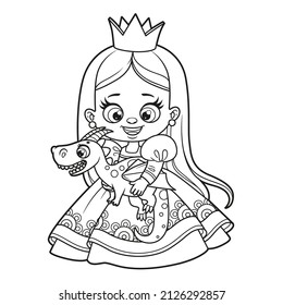 Cute Cartoon Princess With A Soft Toy Dragon Outline Drawing For Coloring On A White Background