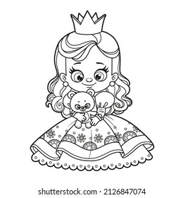 Cute cartoon princess with a soft toy teddy bear drawing for coloring on a white background