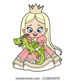 Cute cartoon princess with a soft toy dragon color variation for coloring page on a white background
