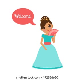 Cute cartoon princess with speech bubble Welcome for game design vector illustration