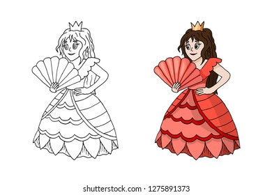 Cute Cartoon Princess Standing in Pink Coral Dress Costume Isolated on white Background. Colorful Knights and Castles theme. Colorful book page for kids and children sticker vector illustration