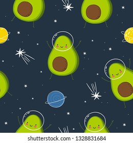 Cute cartoon print with avocado in space. Hand drawn print with space lettering. Seamless pattern with cute avocado